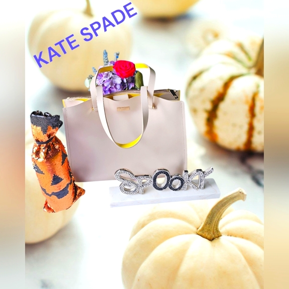 KATE SPADE NEW YORK NUDE AND BRIGHT YELLOW SHOULDER TOTE BAG Sz LARGE LIKE NEW - Picture 1 of 16